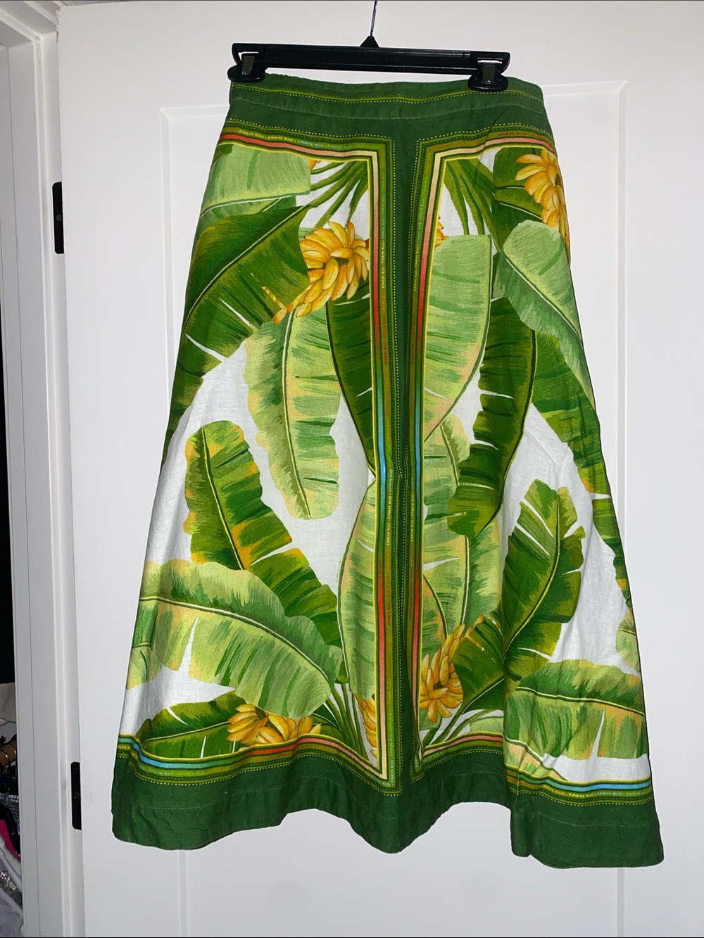 FARM Rio Green and Yellow Tropical Banana-Leaf A-Line Skirt